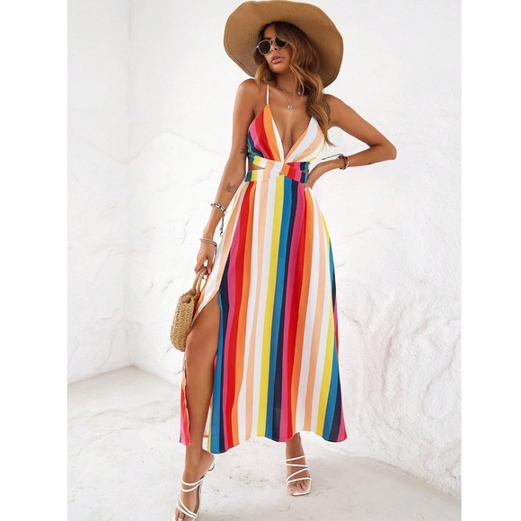 Striped Multicolor Backless Strappy V-Neck Maxi Dress Leg Slit - Picture 2 of 16